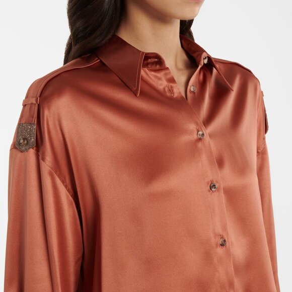 NEW 🧡 Brunello Cucinelli Embellished silk-blend satin shirt XS ✨ NEW - Picture 3 of 8
